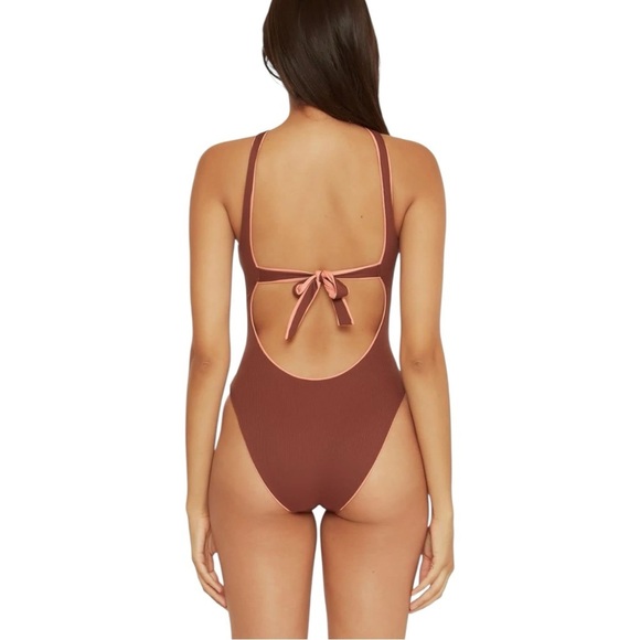 New! BECCA Rib Modern Edge High Neck Reversible Mikayla Cut Out Swimsuit - Picture 2 of 8